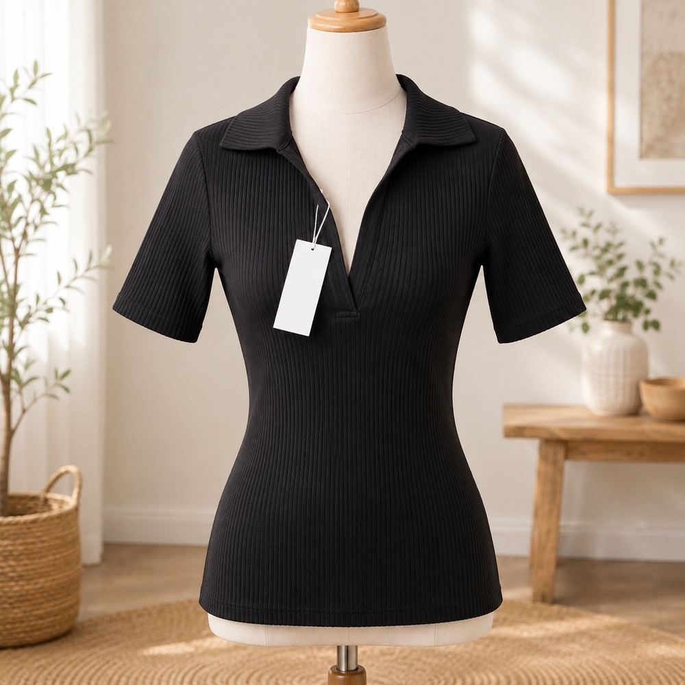 NWT‎ Cotton Citizen Polo Top Womens XS Black Ribbed Knit V-Neck Short Sleeve